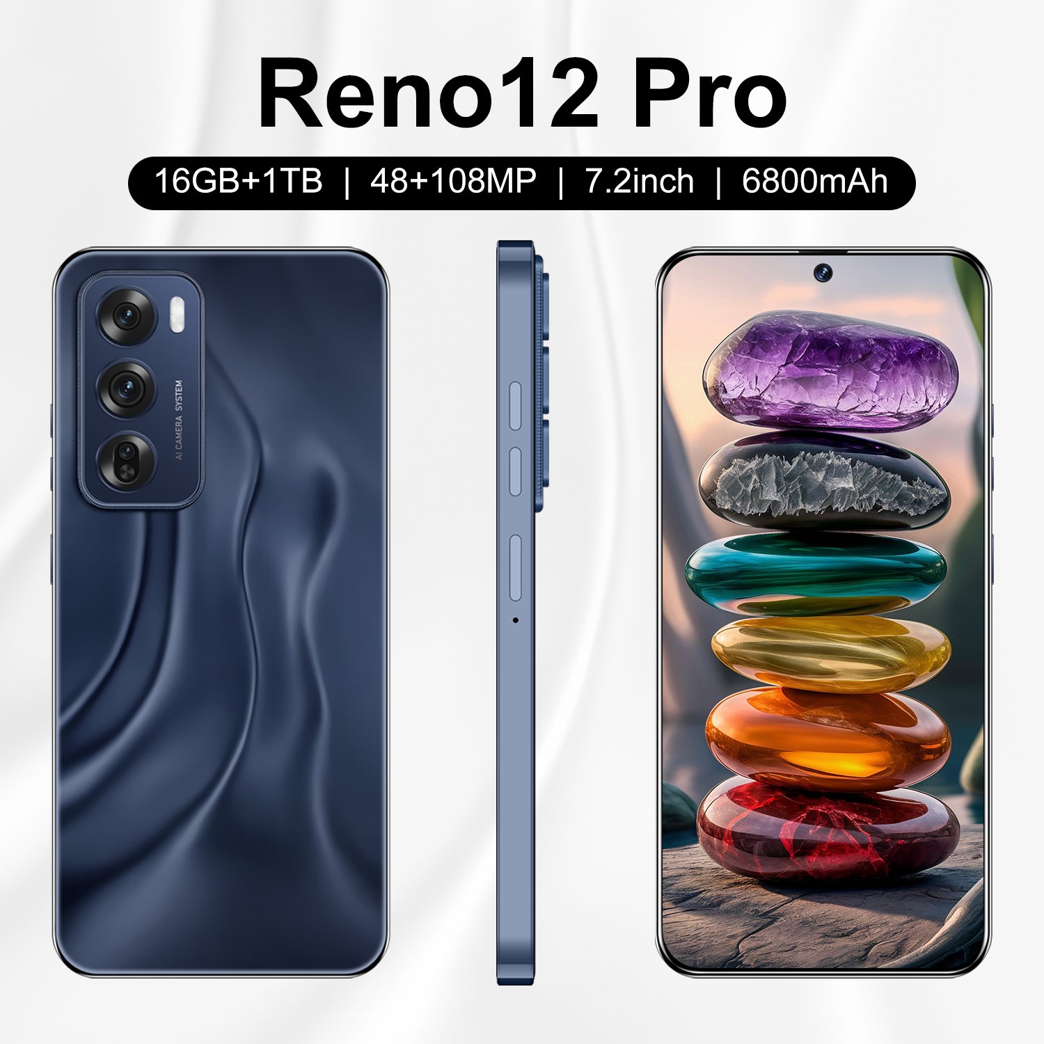 Good quality Unlocked 7.3inch Reno 12 pro 16GB+1TB 5g Smartphone Screen Android 13.0 3g&4g smartphone Face Unlock